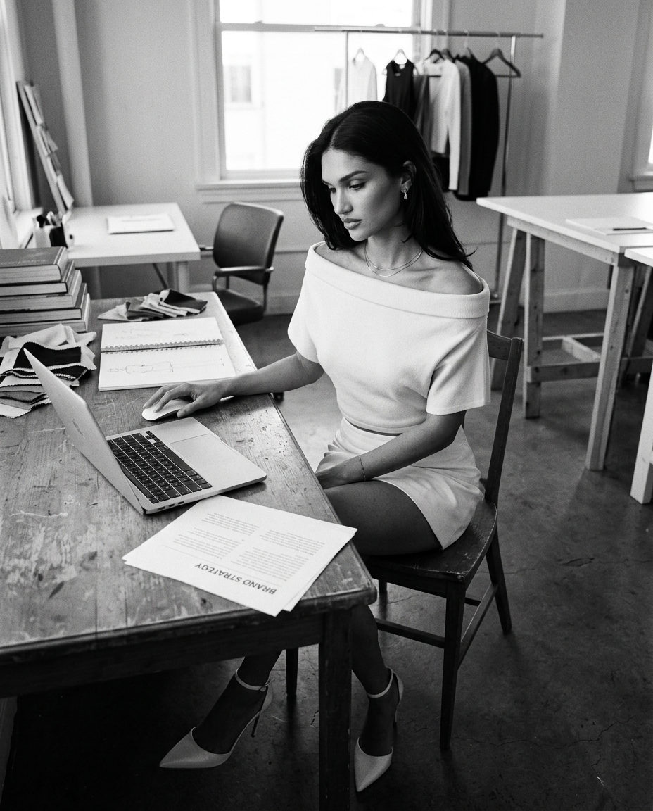 Valentina working on a brand strategy at her desk